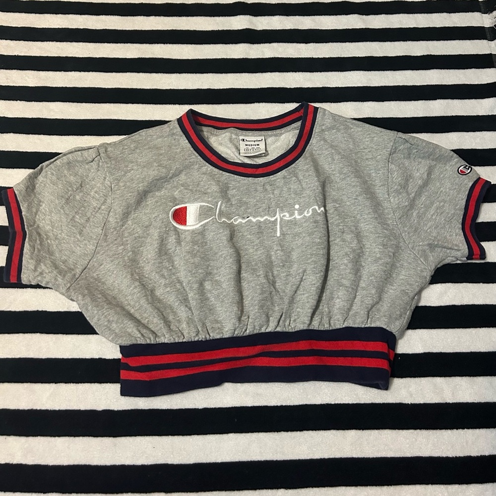 Champion Gray and Red Short Sleeve Crop Top